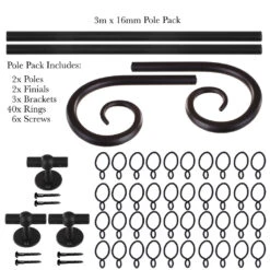 3m 16mm Crook Pack In Matt Black -CURTAINS accessories Sale 804mb 20